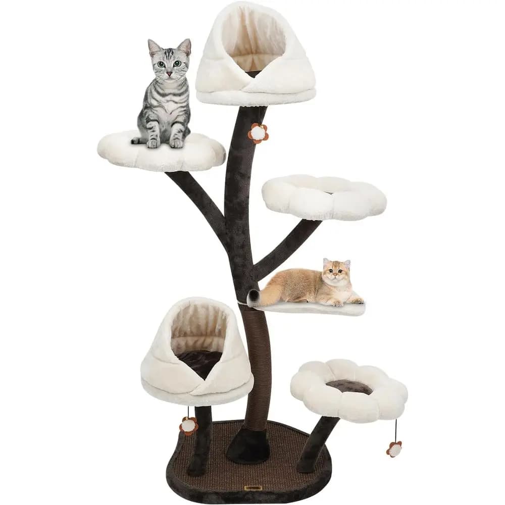 Albero per Gatti Alto 63,8 cm con Design Floreale, Tiragraffi Multilivello e Piattaforme di Riposo