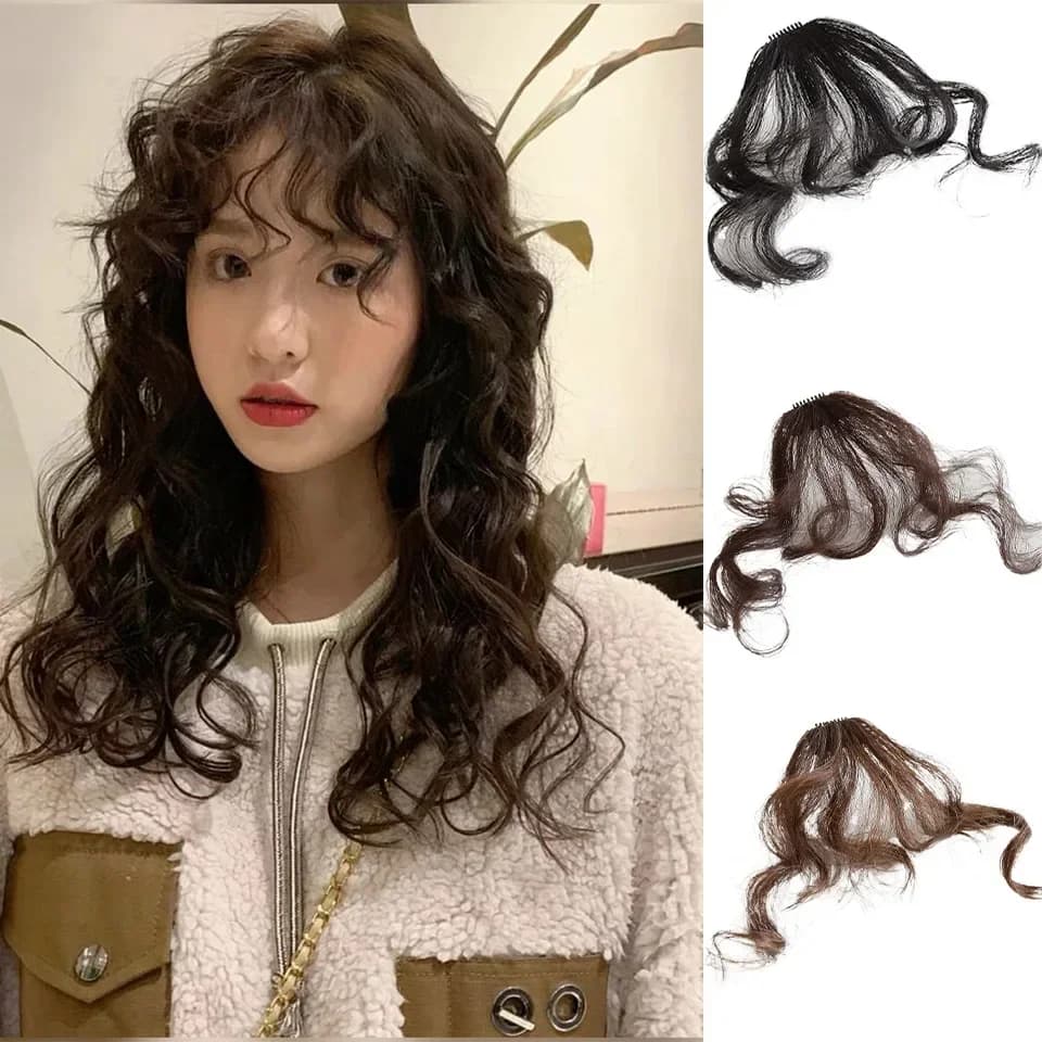 Curly Synthetic Clip In Hair Air Bangs Hair Extensions Sweeping Side Blunt Bang Natural Black Brown Hairpieces