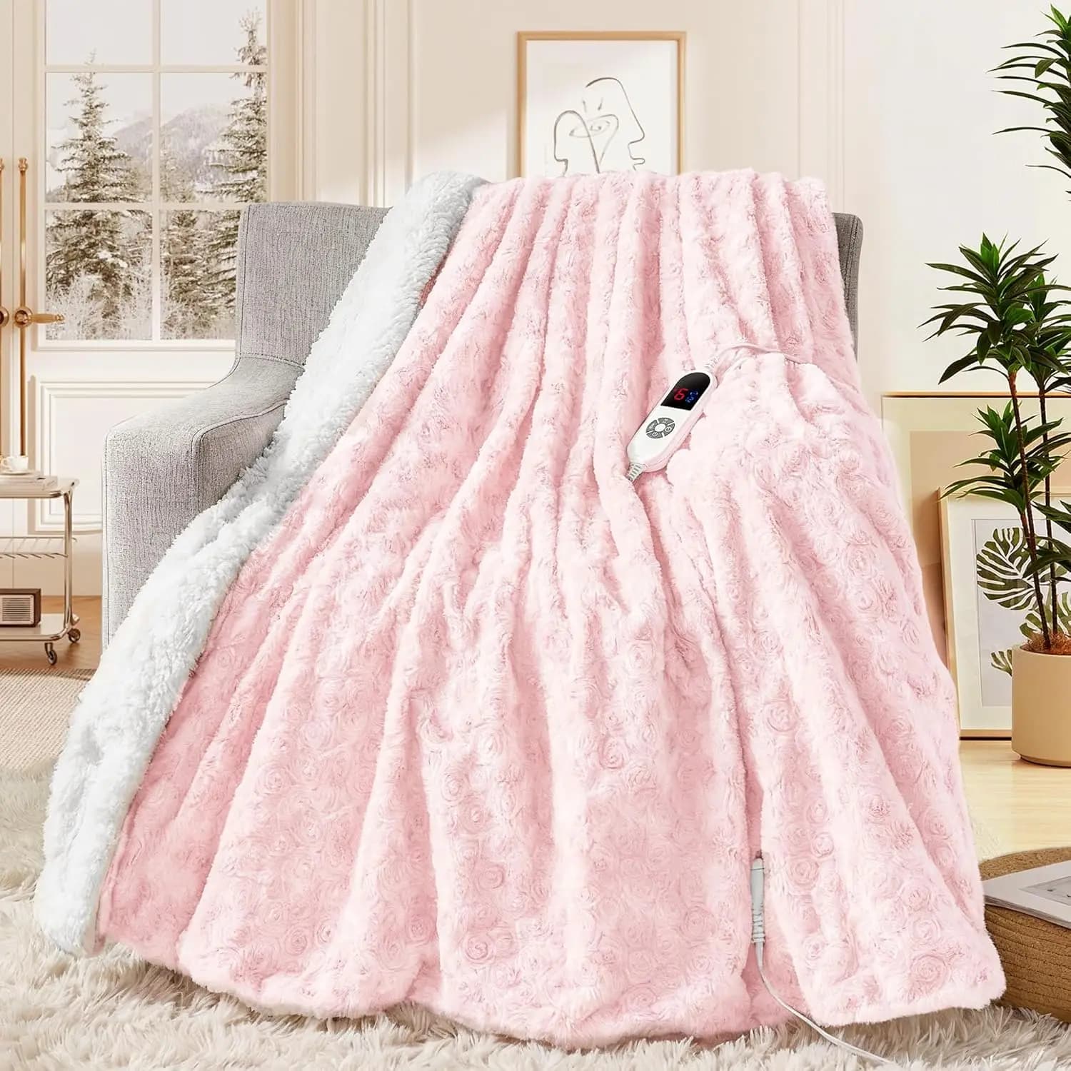 Coperta Elettrica Riscaldata 50x60 Pollici, in Finta Pelliccia di Coniglio con 6 Impostazioni di Calore e Spegnimento Automatico, Certificata ETL, Regalo Caldo e Confortevole