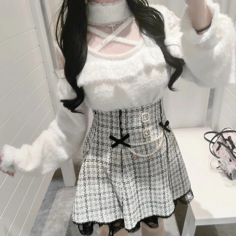 Set di Gonna in Stile Giapponese Kawaii Lolita per Donne, Dolce Maglione Lavorato a Maglia con Spalle Scoperte, Top con Fiocco e Perle, Minigonna a Quadri, Completo Casual Y2k