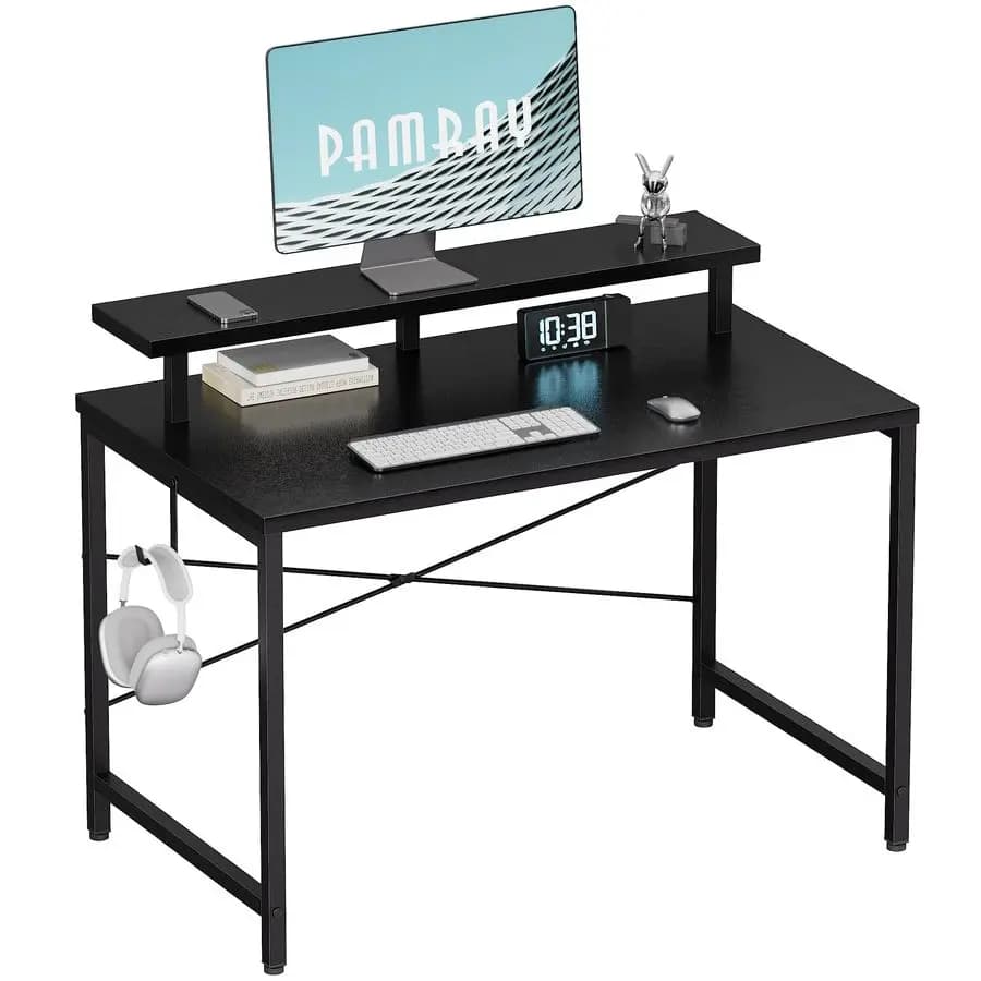 Piccola scrivania per computer da 32 pollici con supporto per monitor, semplice scrivania da ufficio con gancio per cuffie per piccoli spazi, linguetta di scrittura per bambini