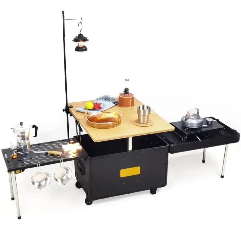 Outdoor Kitchen with Wheels and Stoves, Foldable Box for Camping Cooking