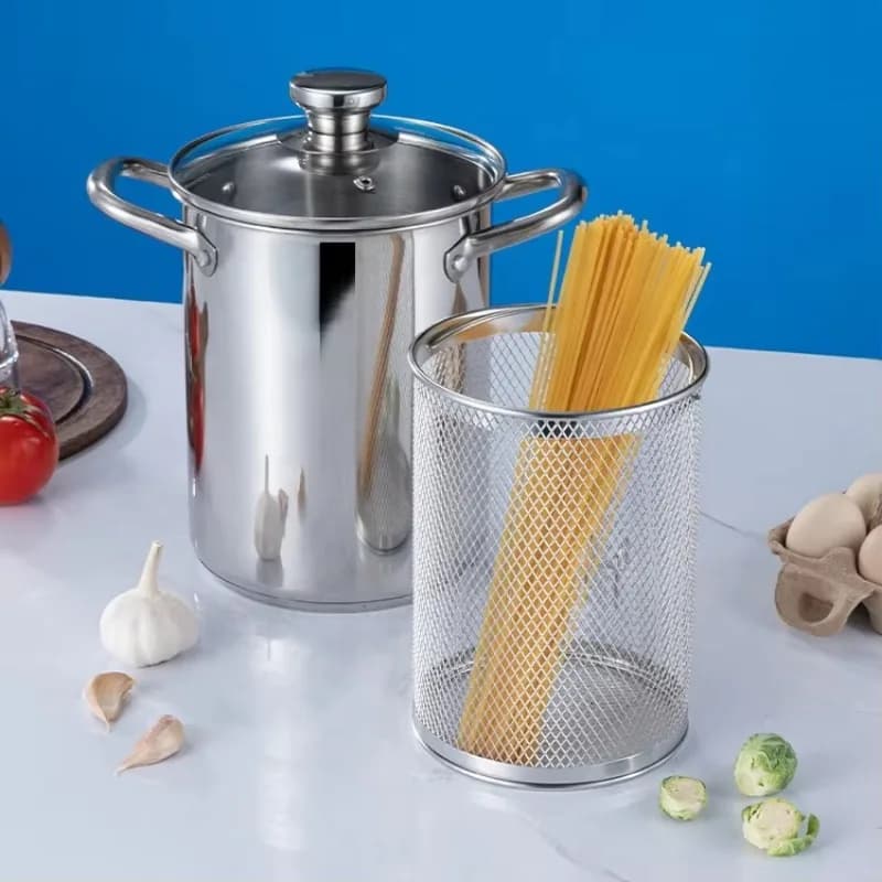 Padella Profonda in Acciaio Inox 304 con Fondo Composito e Cestello in Metallo per Cucina Casalinga di Pasta, Asparagi, Zuppe e Brodi