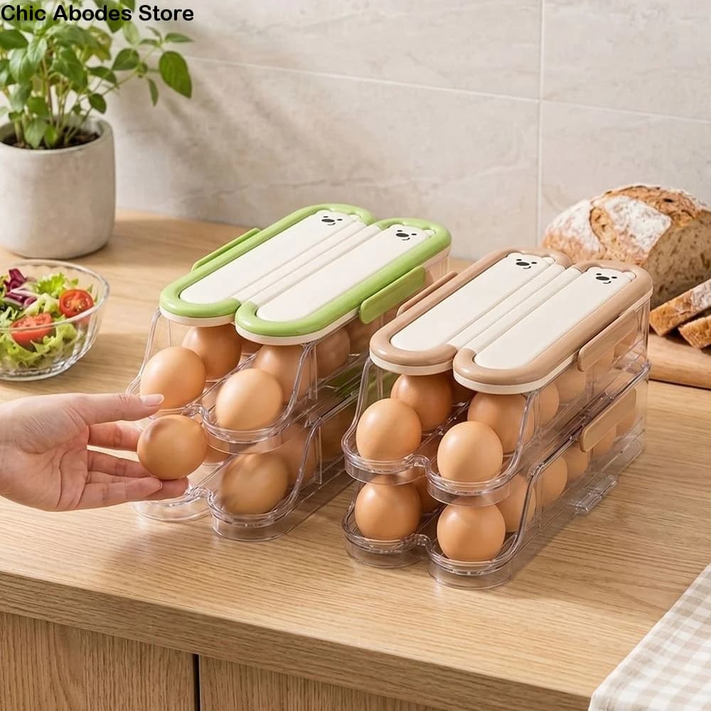 Food Grade Automatic Rolling Egg Container Large Capacity Transparent Egg Storage Box with Lid Stackable Egg Organizer