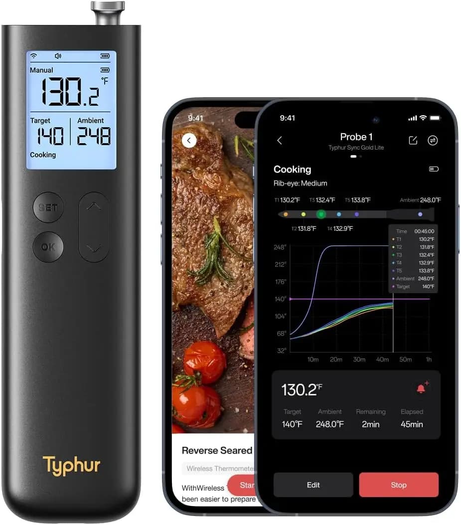 Termometro per Carne Wireless con Segnale 10X Potenziato, Portata WiFi, 6 Sensori per BBQ, Forno, Griglia, Affumicatore, Friggitrice ad Aria