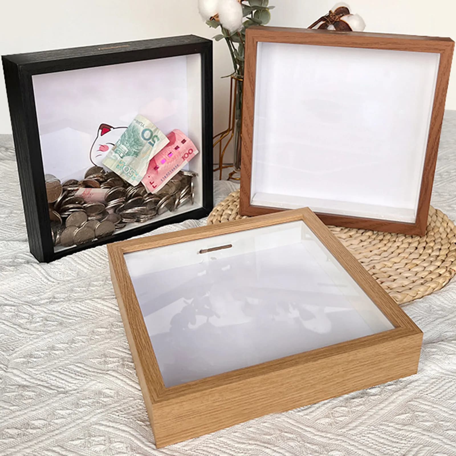 Cornice 3D profonda multiuso per il riempimento di salvadanaio Cornice per foto in legno Ornamento da tavolo Porta campioni Decorazione regalo 20x20 cm