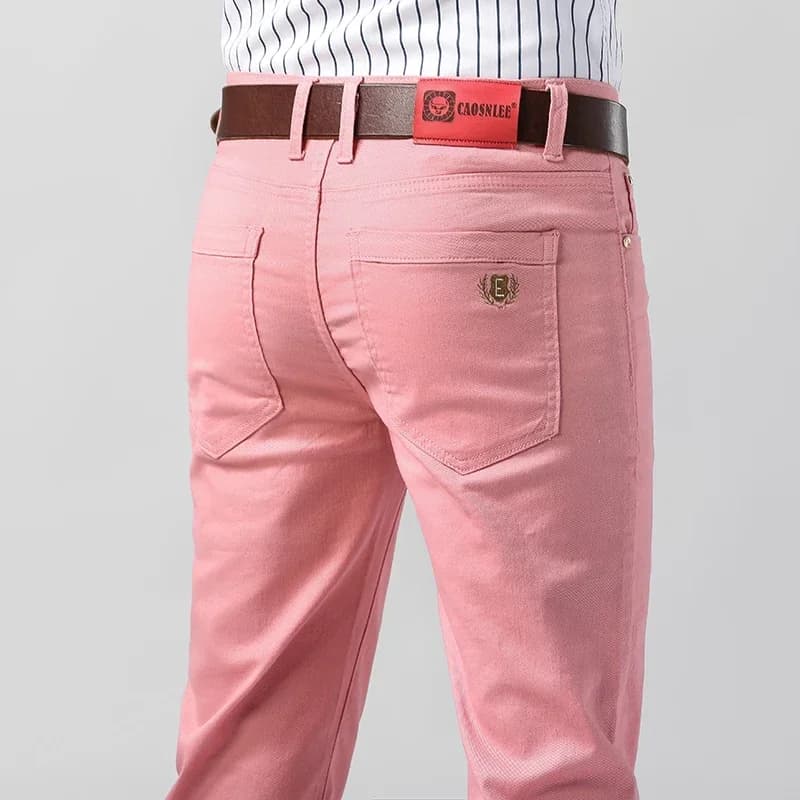 Jeans elasticizzati elasticizzati in denim colorato da uomo in 5 colori Elastico giallo rosa rosso Abbigliamento maschile sottile Pantaloni in denim da lavoro semplici