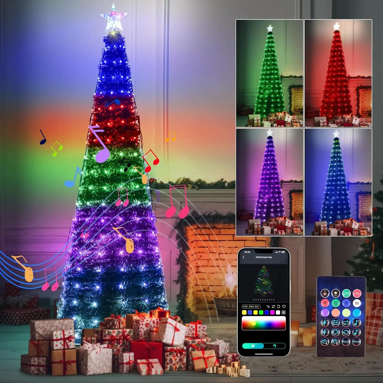 Smart Christmas Tree Lights from 6.9 feet 400 LED with star Topper LED String Lights Musical sync Plug in for Christmas party decoration