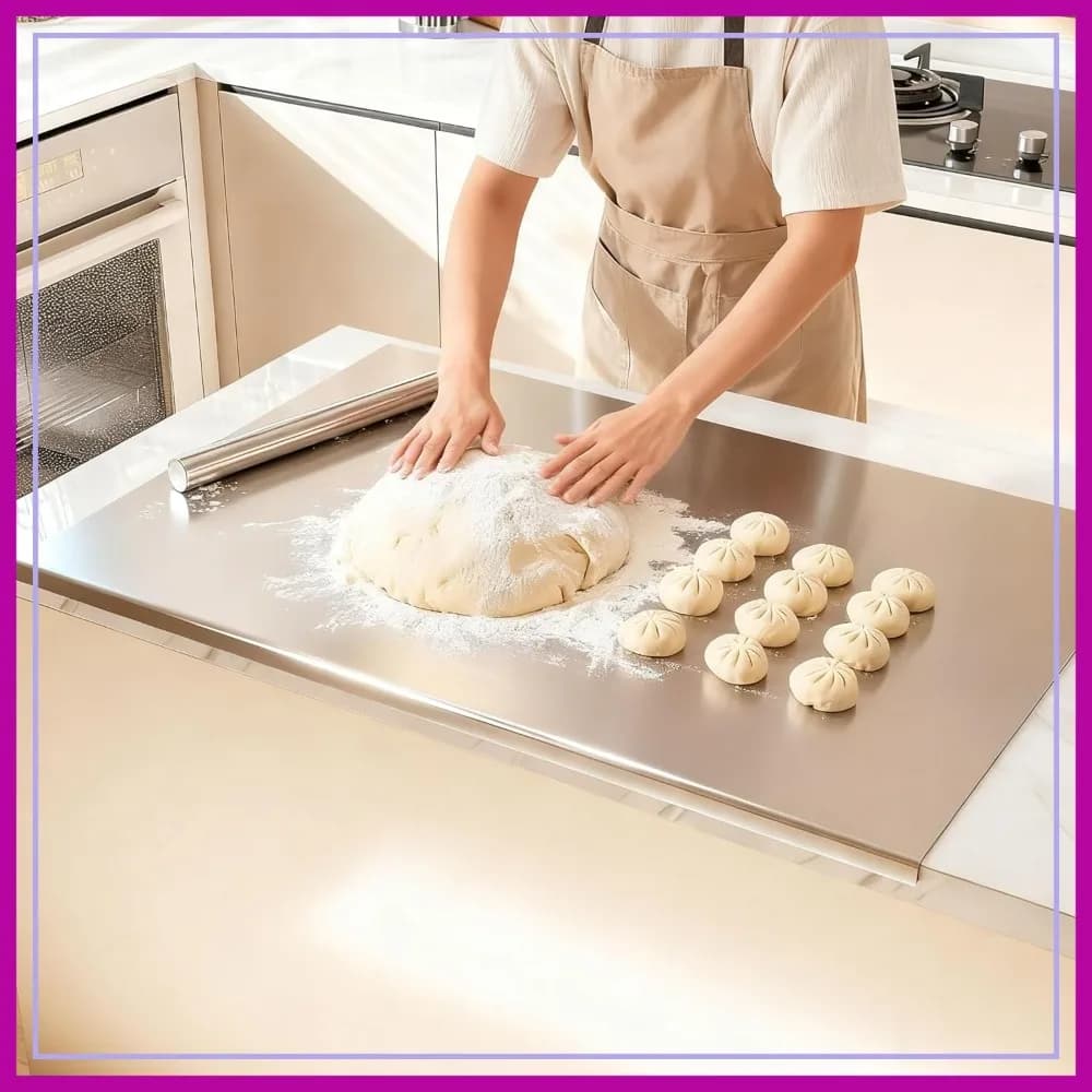 Tagliere Extra Large in Acciaio Inossidabile 304 con Bordo, 90x58 cm, con Mattarello, Tagliere in Metallo per Pasta, Pasticceria e Impasto per Cucina e Ristorante