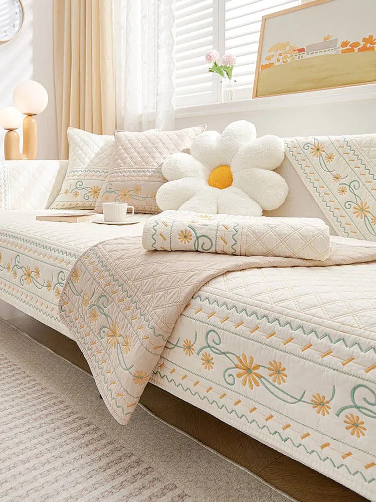 Cuscino per Divano in Cotone Puro, Antiscivolo, Stile Semplice e Crema, Copridivano Universale per Quattro Stagioni