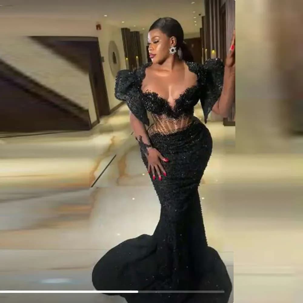 Personalizzato 2026 Aso Ebi sirena pizzo nero sexy abito da ballo stretto trasparente manica lunga abito da sera formale per feste Ocn da donna
