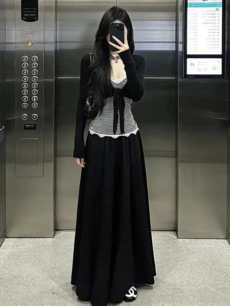 Set Estivo alla Moda per Donna Matura, Elegante Abito a Vita Alta a Righe con Maniche Lunghe e Scollo a V, Traspirante e Comodo, Set Tre Pezzi
