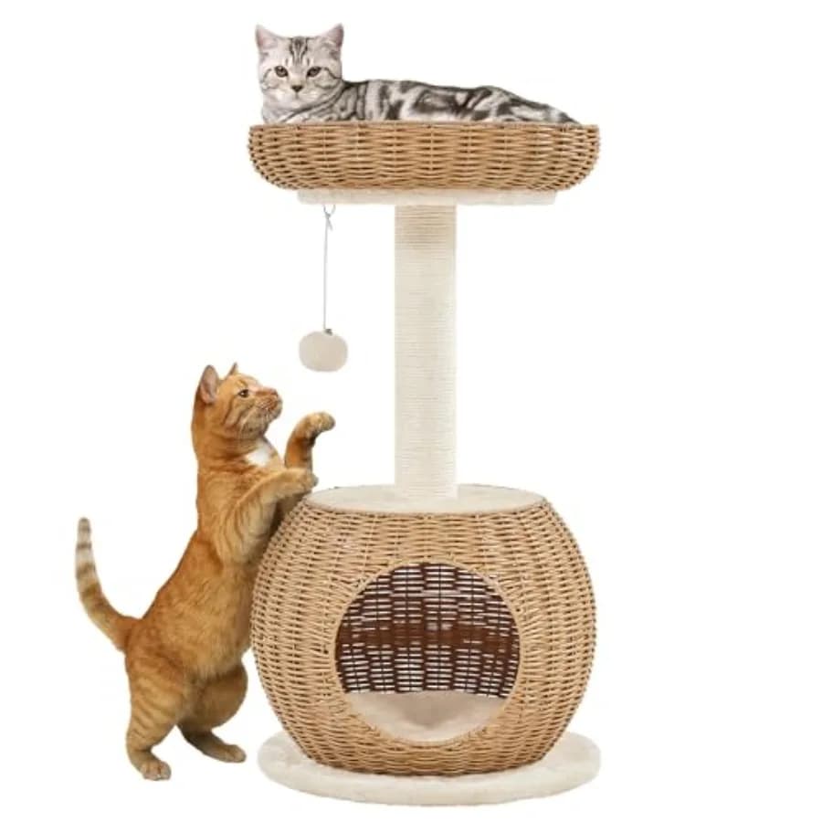 Albero per Gatti in Rattan da 29,5 Pollici per Gatti da Interno con Tiragraffi, Cuccia Intrecciata e Cuscino Morbido sulla Pergola Superiore - Arredamento Estetico per Gatti