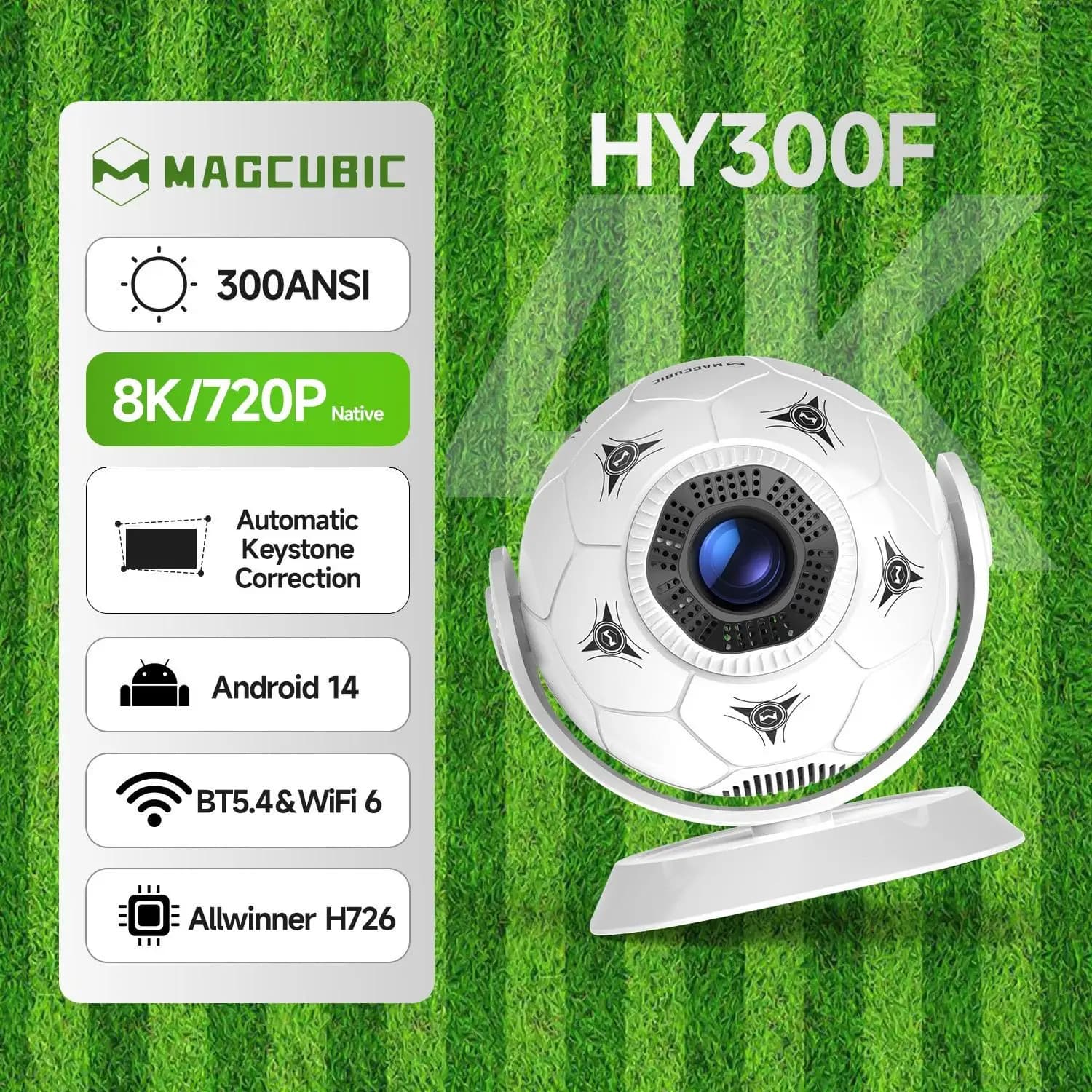 Proiettore Magcubic Android 14 8K HY300F 300 Ansi MINI LED Wifi6 BT5.4, Design Creativo a Forma di Pallone da Calcio, per Home Theater