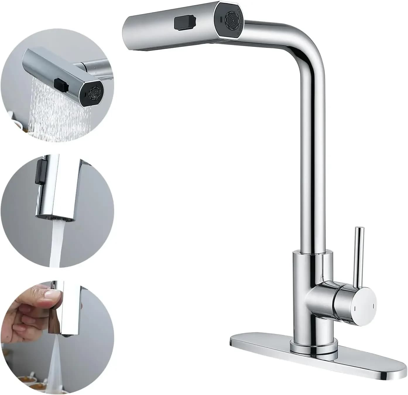 Rubinetto da cucina a cascata a 3 modalità Spruzzatore a flusso Rubinetto per lavaggio miscelatore lavello acqua montata su piano monoforo caldo freddo in acciaio inossidabile
