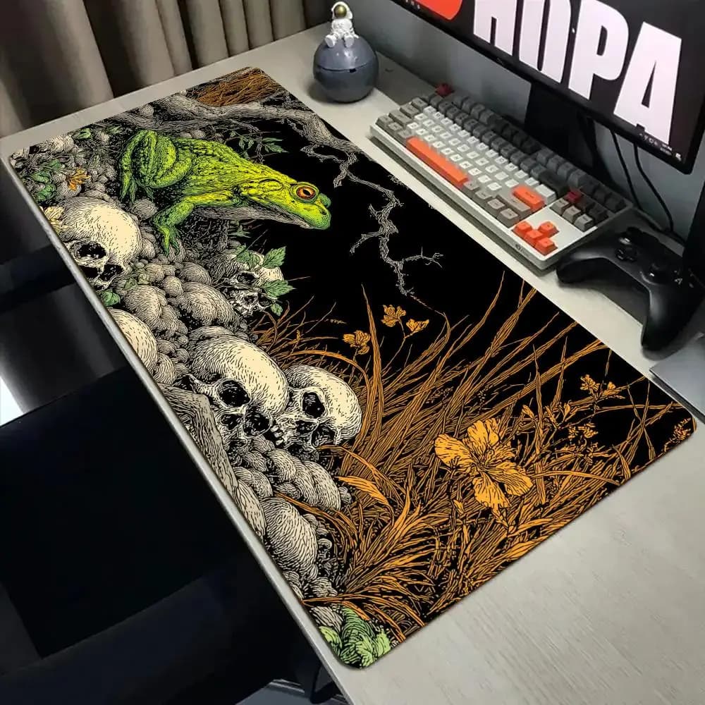 Tappetino per mouse in stile Ukiyo-e con rana e teschi, tappetino da scrivania con bordo cucito, tappetini per mouse xxl, tappetino per tastiera da gioco in gomma antiscivolo
