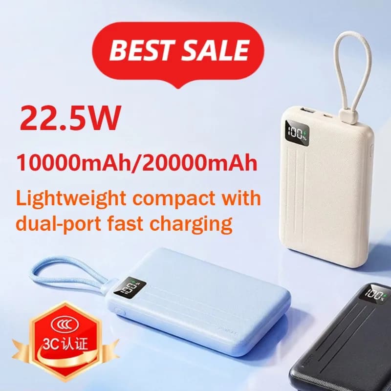 Power Bank da 22.5W 10000mAh/20000mAh con Cavo Integrato, Ricarica Rapida 3C per Telefoni Cellulari