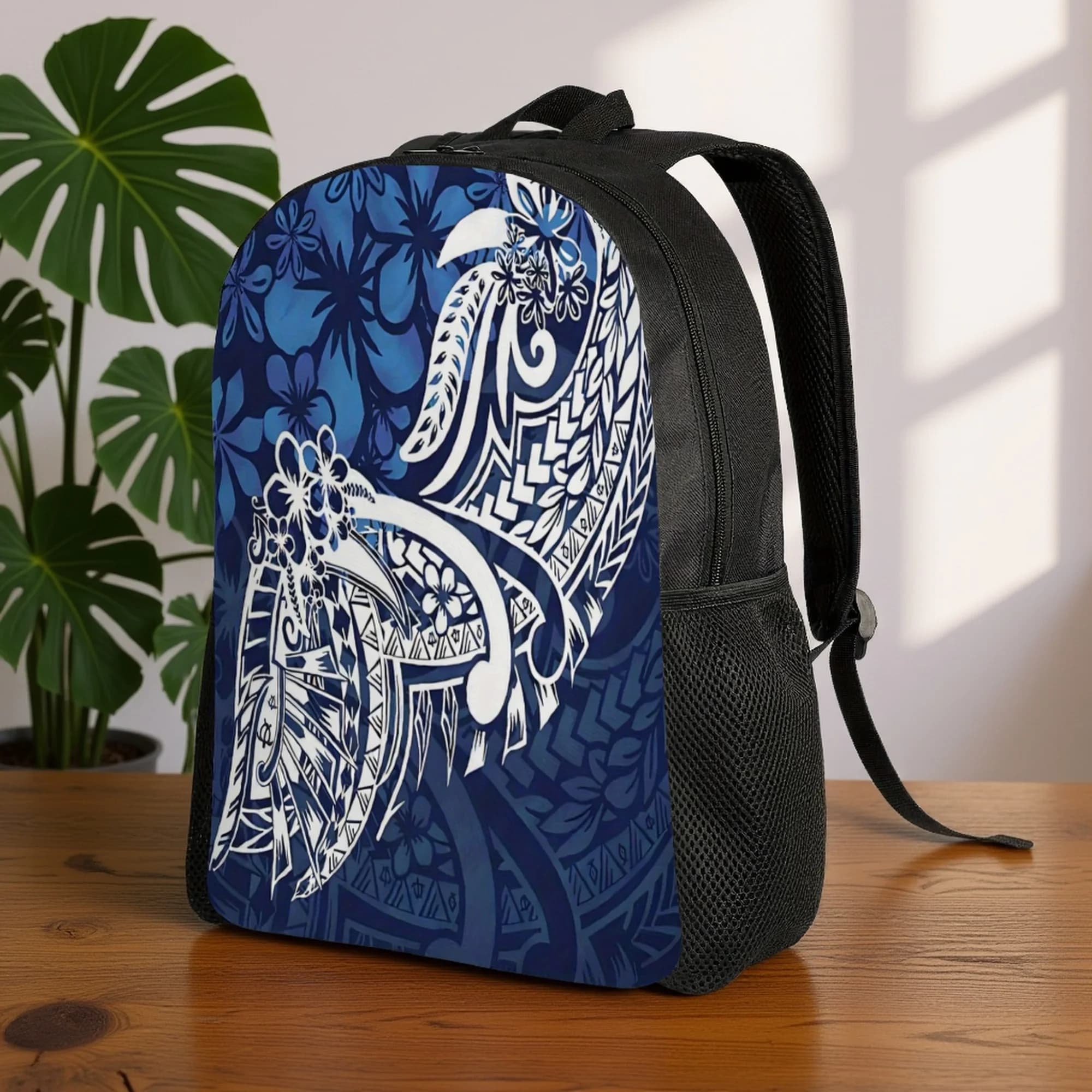A Hawaiian backpack in Polynesian tribal style with a large bouquet of flowers - a large capacity backpack suitable for middle school
