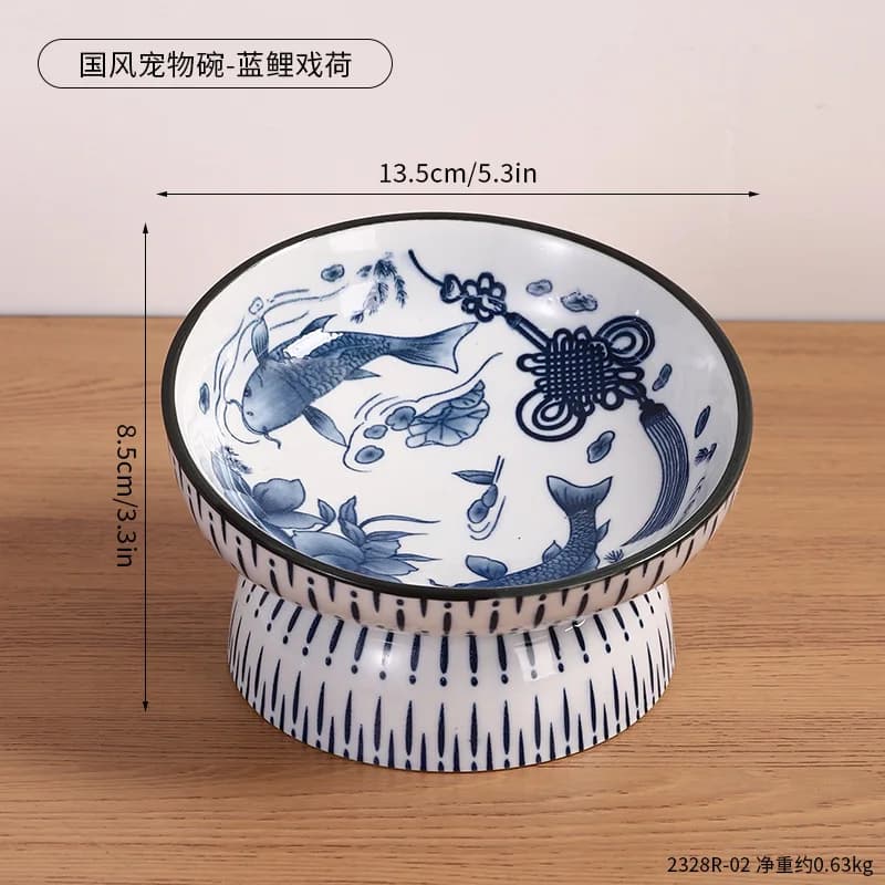 Fashion Vintage Blue Porcelain Raised Pet Bowl Tilt Elevated Cat Dog Feeding Bowl Anti Vomiting Food Water Dish for Kitten Puppy