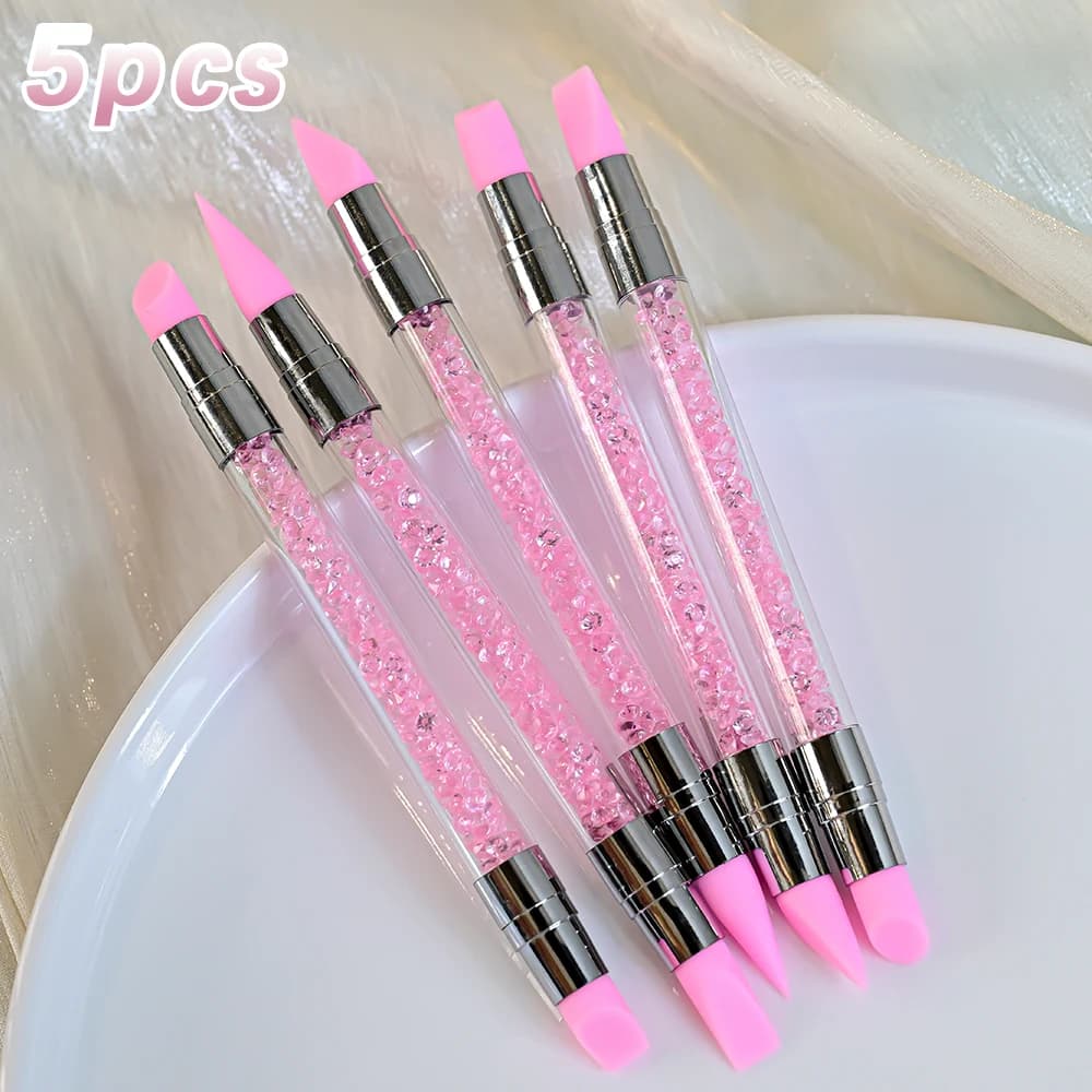 5Pcs Pink Dual Ended Nail Art Pen Silicone Rhinestone Picker 3D Flower Carving Tool Household Salon DIY Manicure Supply