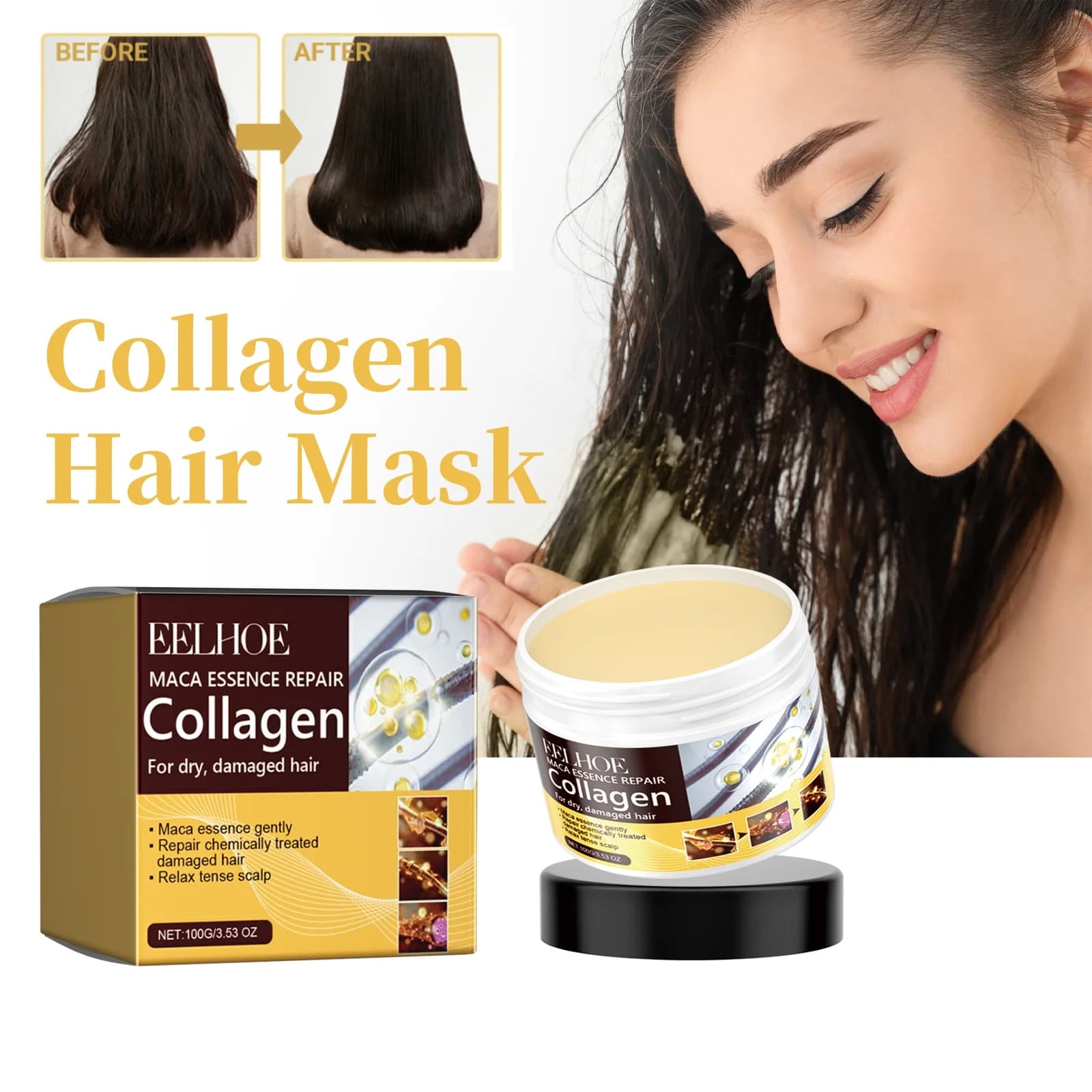 Maschera per capelli al collagene, riduce la secchezza e il crespo, previene la divisione dei capelli, idrata, ammorbidisce i capelli, migliora la texture dei capelli, maschera per la cura dei capelli