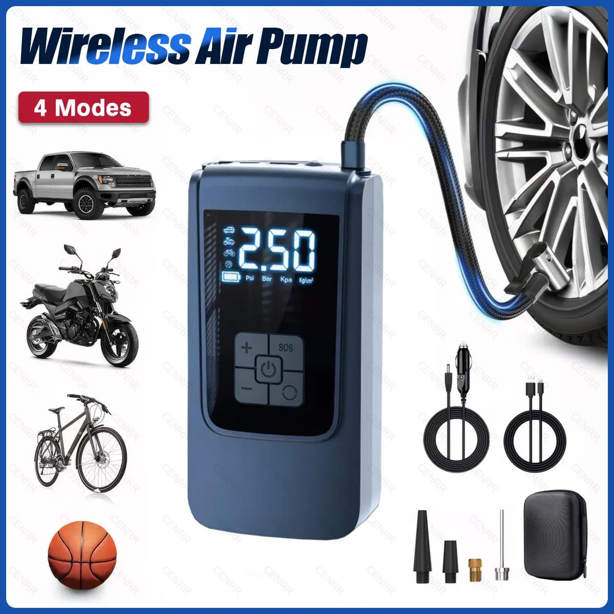 Compressore d'aria elettrico per gonfiaggio pneumatici wireless per pompa d'aria per auto portatile con display digitale LCD per palla da bicicletta per motociclette per auto