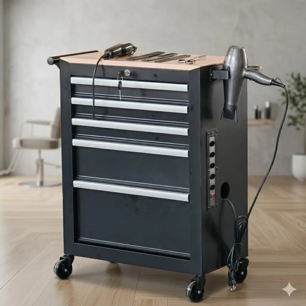 Carrello Portautensili da Barbiere/Salone a 5 Cassetti in Metallo con Presa Elettrica e Supporto per Asciugacapelli
