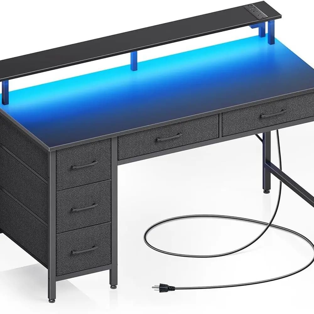 Computer desk with power sockets and LED light, 47 inch office desk with 5 drawers, desk with monitor support, work desk