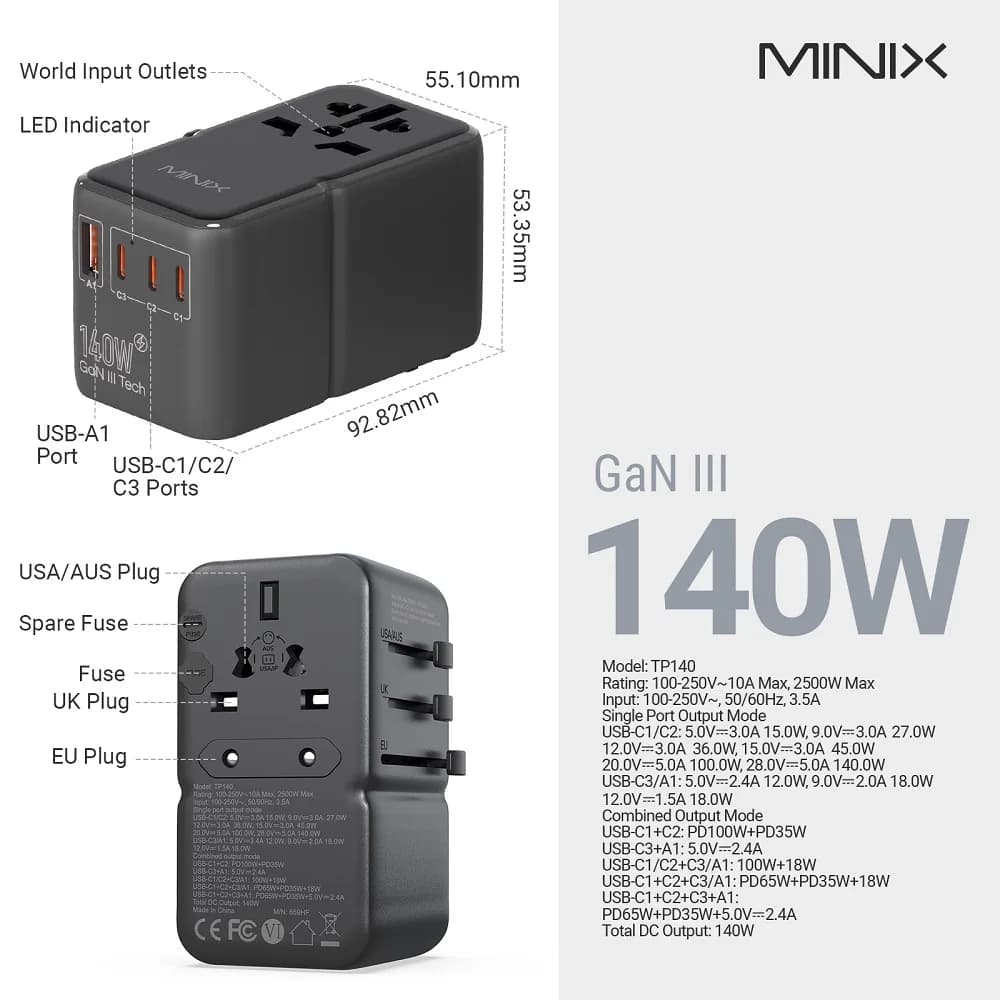 Adattatore da viaggio universale con porte PD da 140W presa ca internazionale con tecnologia GaN con 1 USB-A e 3 USB-C porte