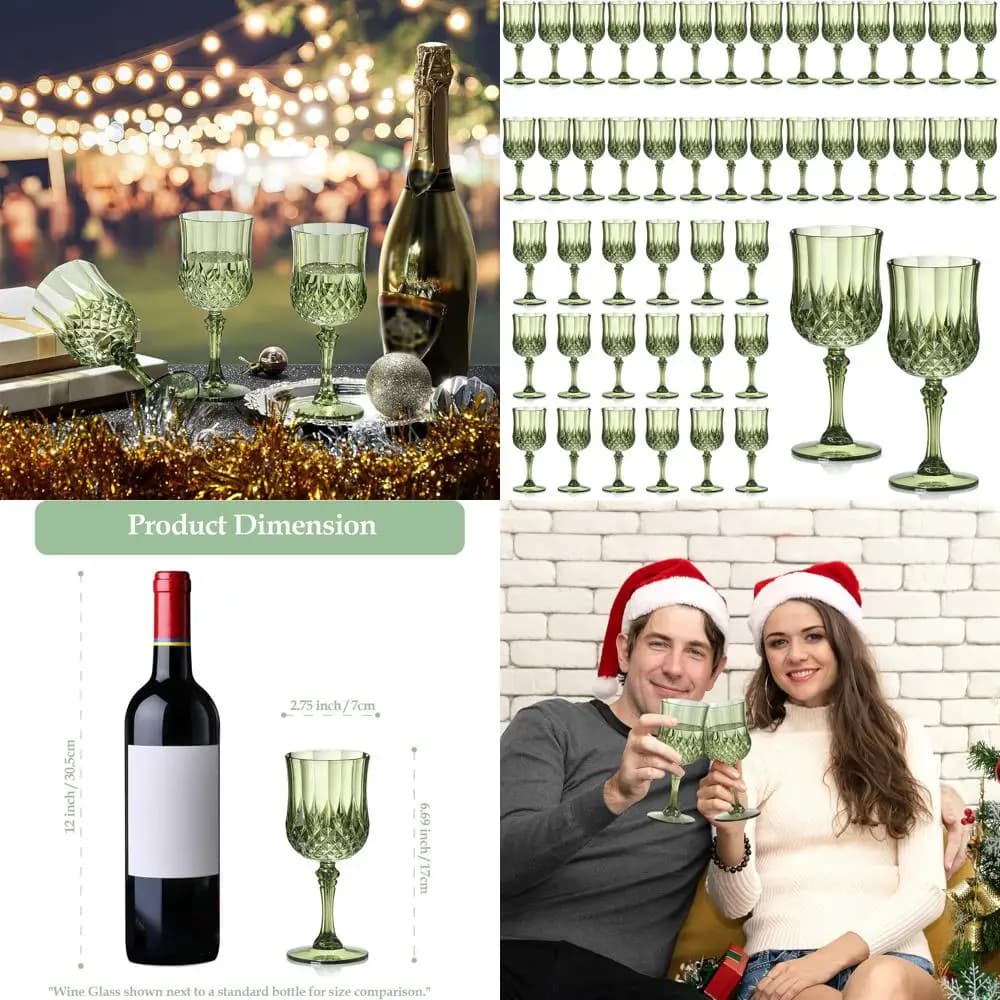 Set di 48 Bicchieri da Vino in Plastica Stile Vintage da 200ml, Bicchieri Infrangibili per Matrimoni, Calici Riutilizzabili Effetto Cristallo in Verde