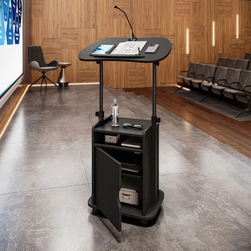 Black Adjustable Laptop Cart with Rolling Stand and Storage