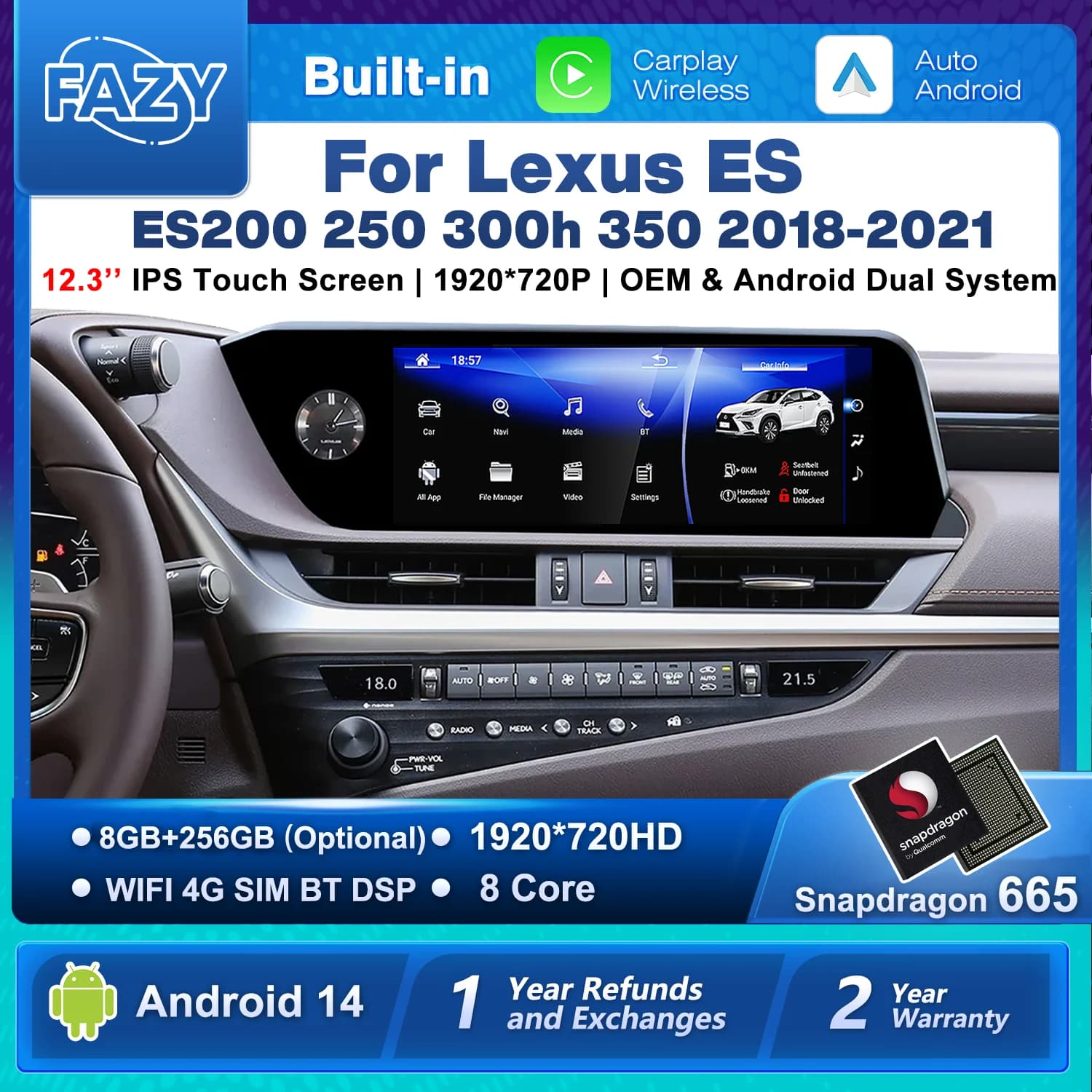 Schermo Android 14 Carplay per Lexus ES ES200 ES250 ES350 ES300h 2018-2021, lettore multimediale per auto, navigazione video, Android Auto 4G