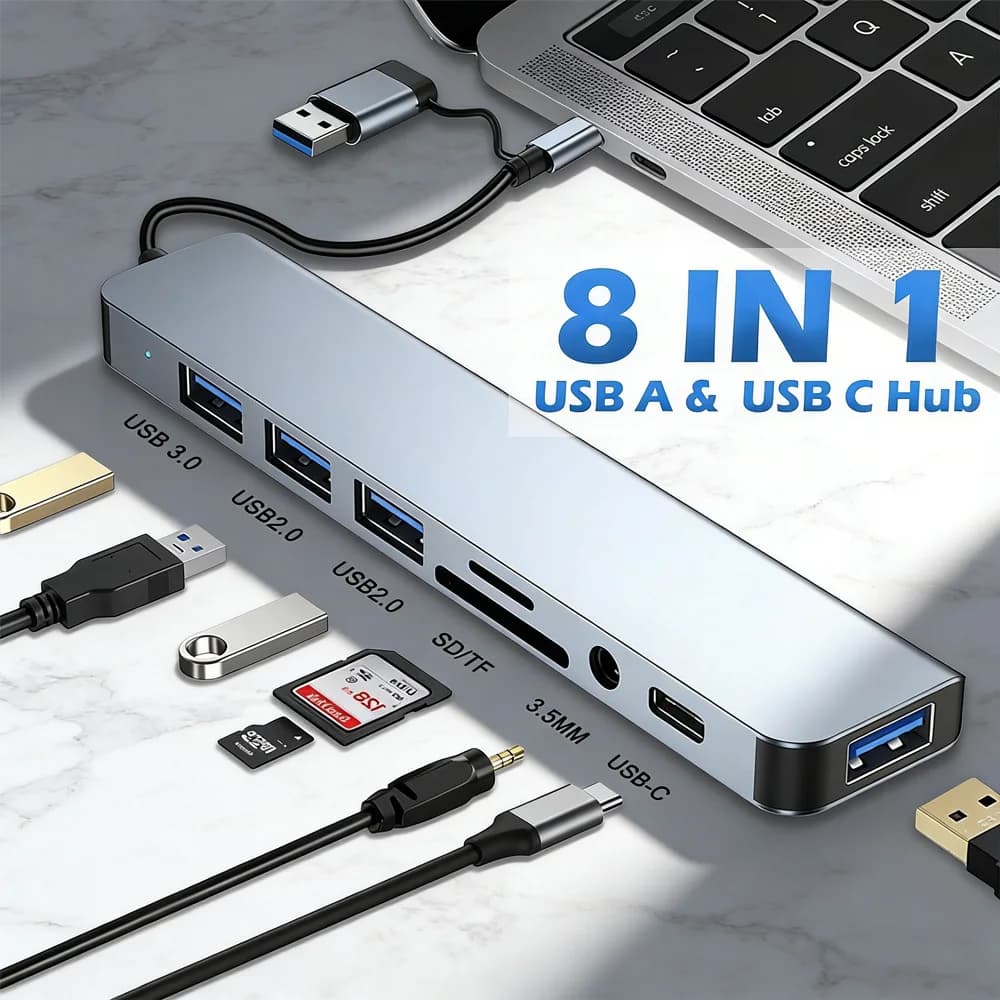 Hub USB-C 8-in-1 a Doppia Testa: Docking Station USB-C/USB-A 3.0/2.0, Lettore di Schede SD/TF, Trasferimento Dati Veloce 5Gbps