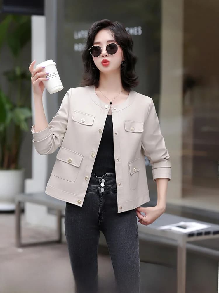 Giacca in Vera Pelle Ning da Donna, Corta, Stile Coreano, Capospalla Primavera Autunno 2025, Stile Piccola Fragranza, Effetto Snellente