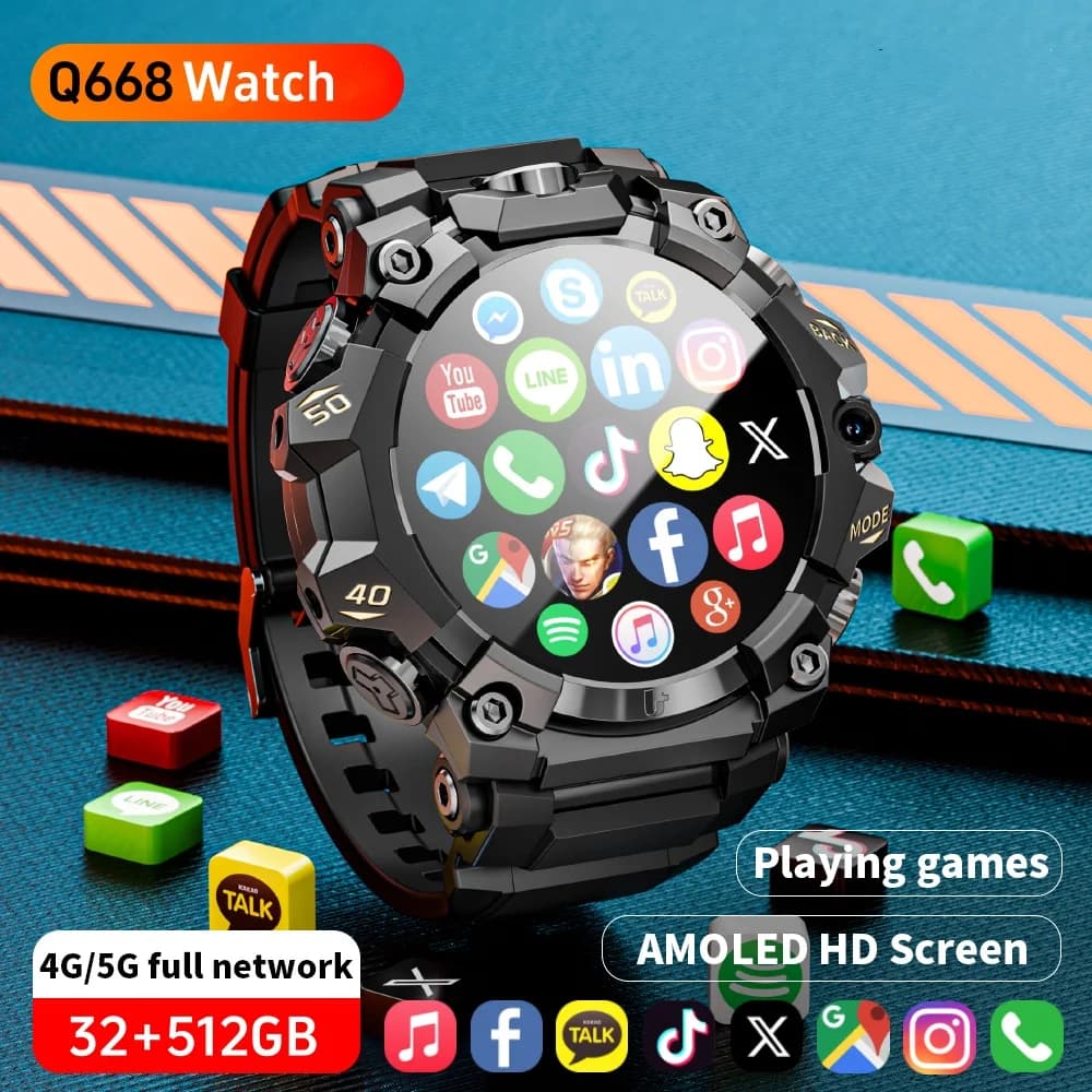 Smartwatch Android 5G Q668 with 1.508 Pneumatic Amoled Screen, Dual 8MP Camera, GPS, Waterproof IP68, for Open Sport and Health Monitoring
