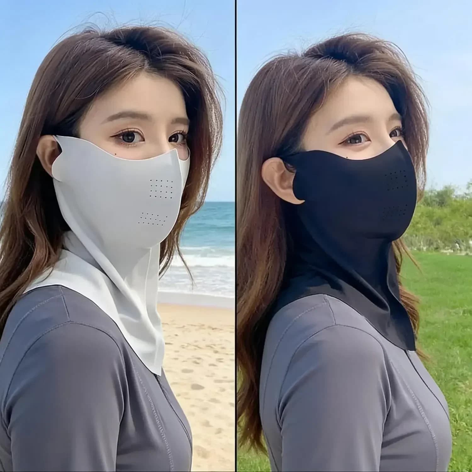 Copri viso e collo protettivo UV da donna, maschera solare traspirante con design perforato per uso esterno (nero + grigio chiaro)