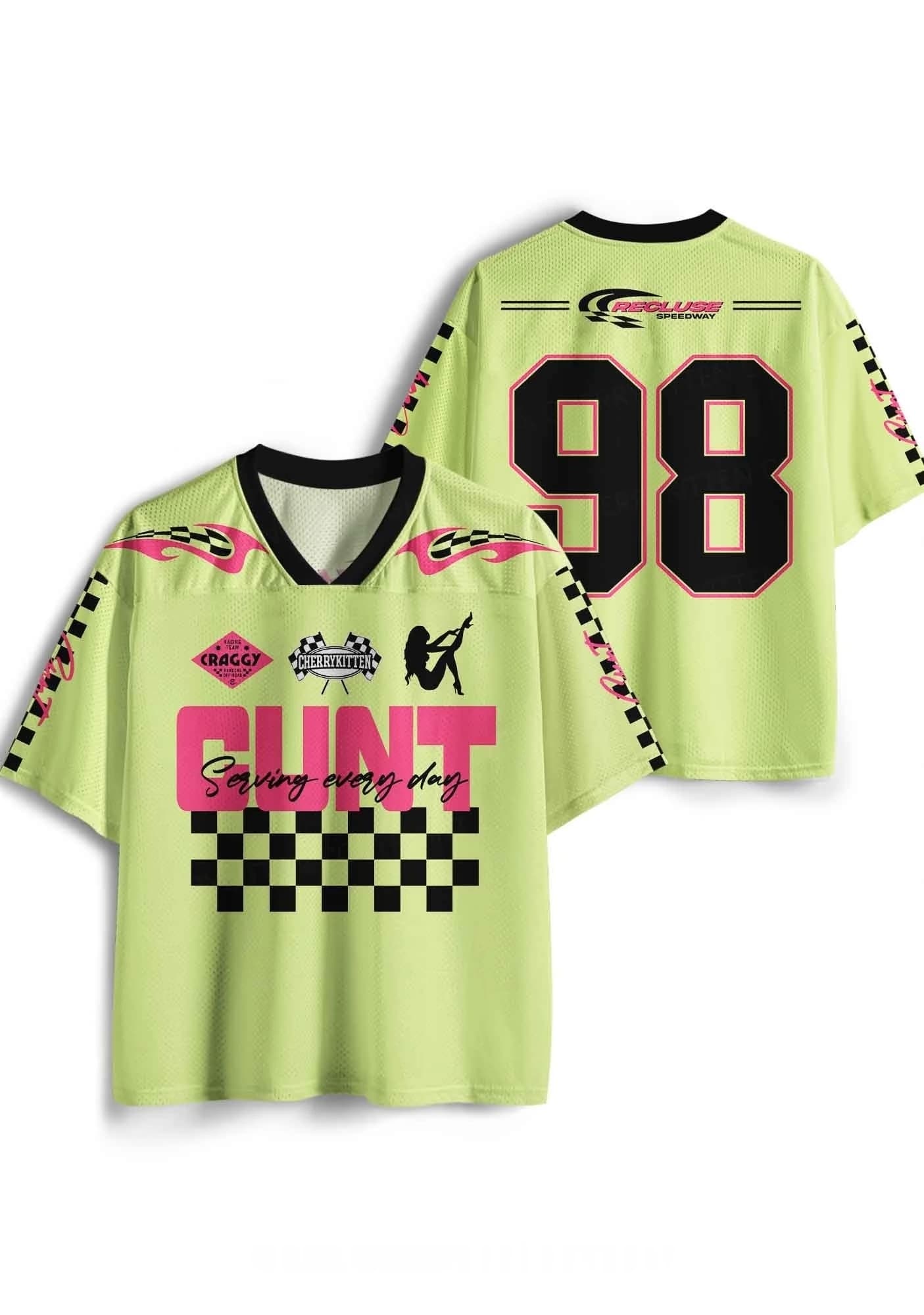 T-shirt Unisex Oversize a Maniche Corte in Maglia a Scacchi Rosa Stile Racing Y2K, Streetwear Harajuku