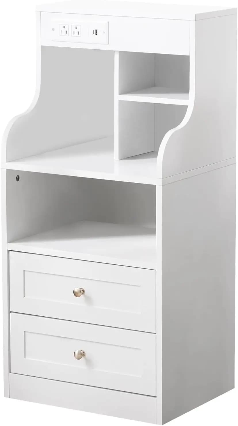 Comodino Alto con Stazione di Ricarica, Altezza 36.6'' Bianco con Cassetti, Luce LED Intelligente Moderna