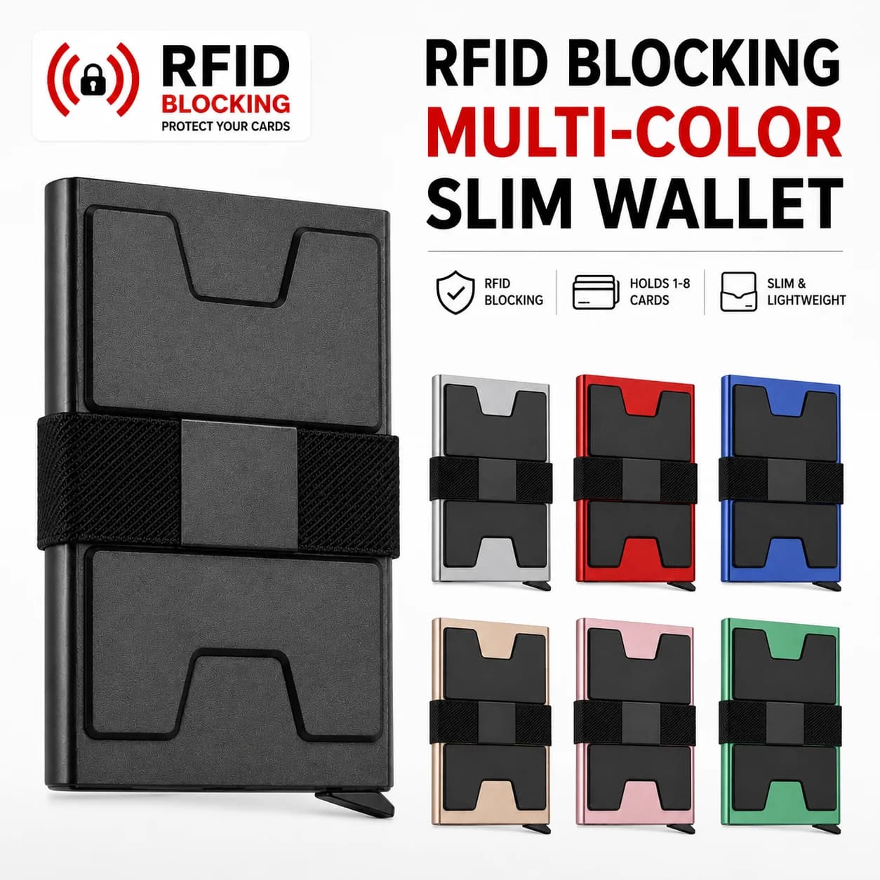 One-Click Pop-Up ID Bank ID Credit Card Holder Case with Elastic Cash Strap, Slim Magnetic RFID Blocking Metal Wallet for Men
