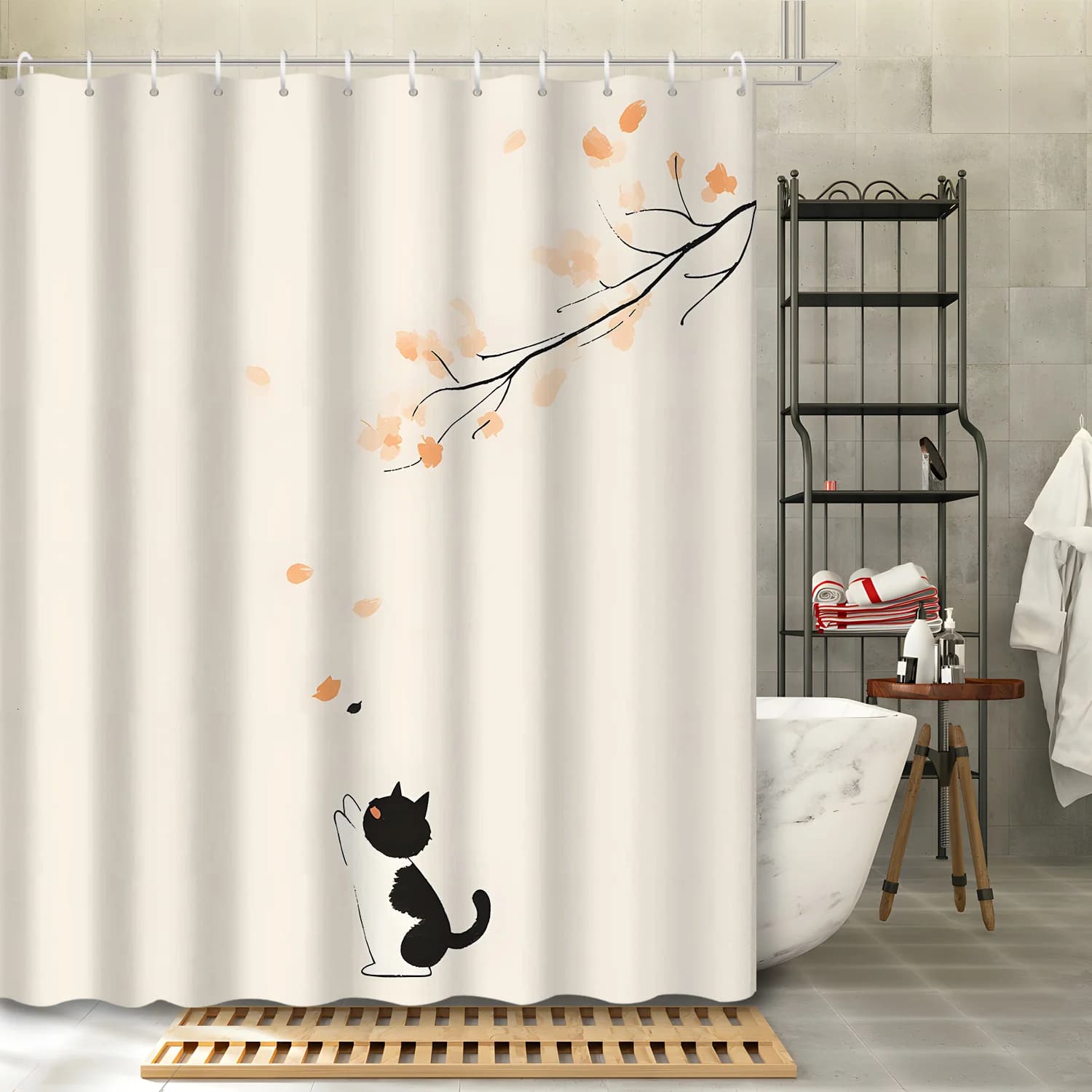 Tenda da doccia con ramo di gatto e fiore in stile cinese - Include 12 ganci, arredamento per il bagno, decorazione per la casa