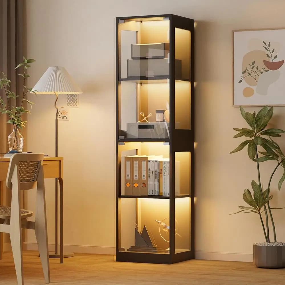 Vetrina a 4 Ripiani in Vetro con Luci RGB per Oggetti da Collezione, Giocattoli per Bambini, Soggiorno, Sala Giochi (Nero)