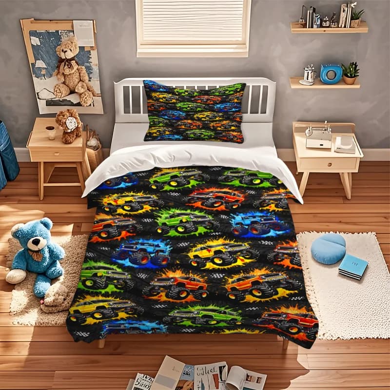 Set di biancheria da letto con copripiumino Monster Truck da 2/3 pezzi, copripiumino morbido e federe per la decorazione della camera da letto dei ragazzi, singolo/doppio/queen/king