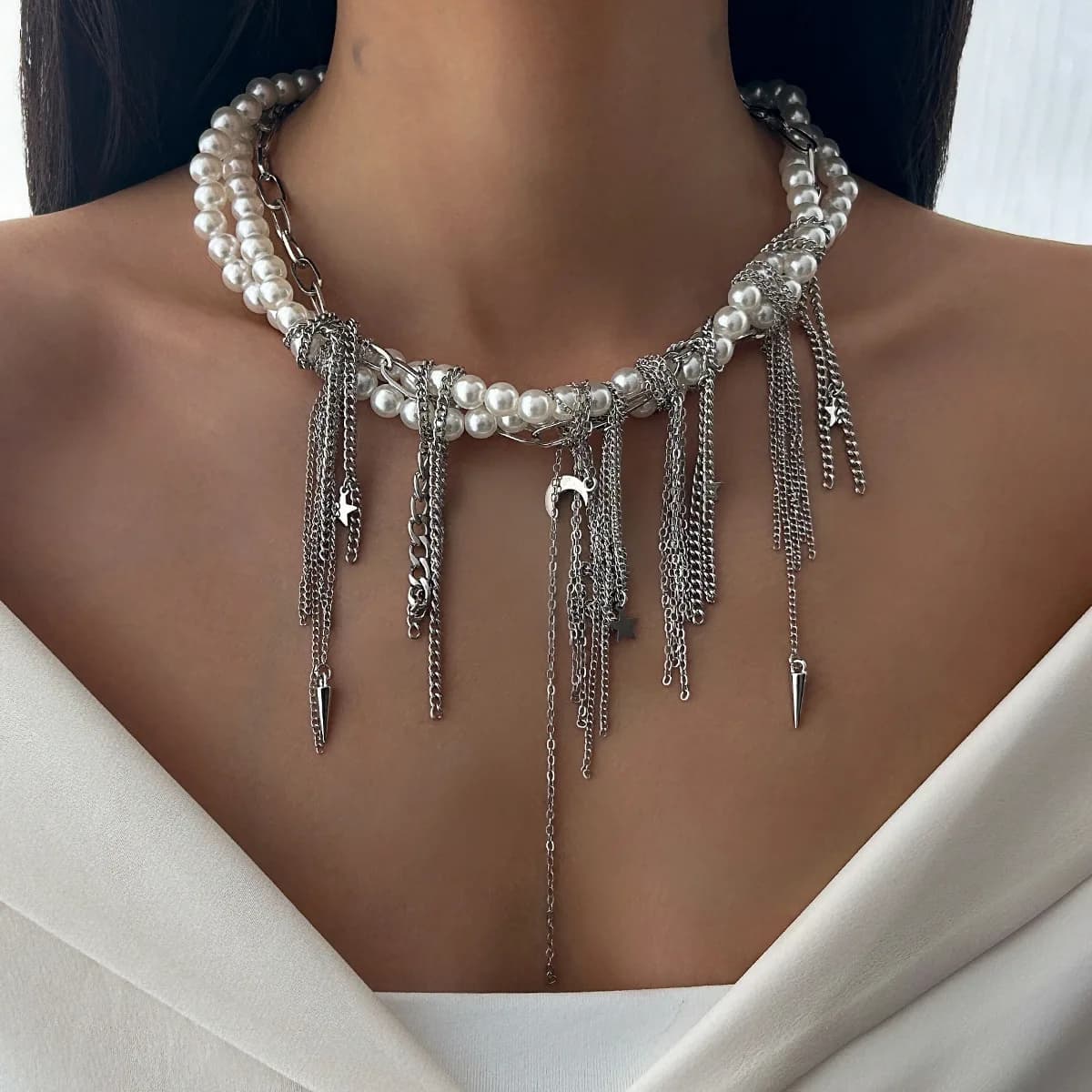 Collana alla moda con stella e luna in metallo e frange, collana con croce a forma di cuore e perle finte.