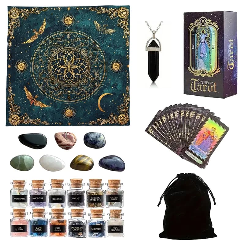 Set di carte dei tarocchi 1 set di carte dei tarocchi 12 mini vasi di cristallo 7 pietre dei chakra 1 tovaglia dei tarocchi 1 accessorio pendente 1 custodia