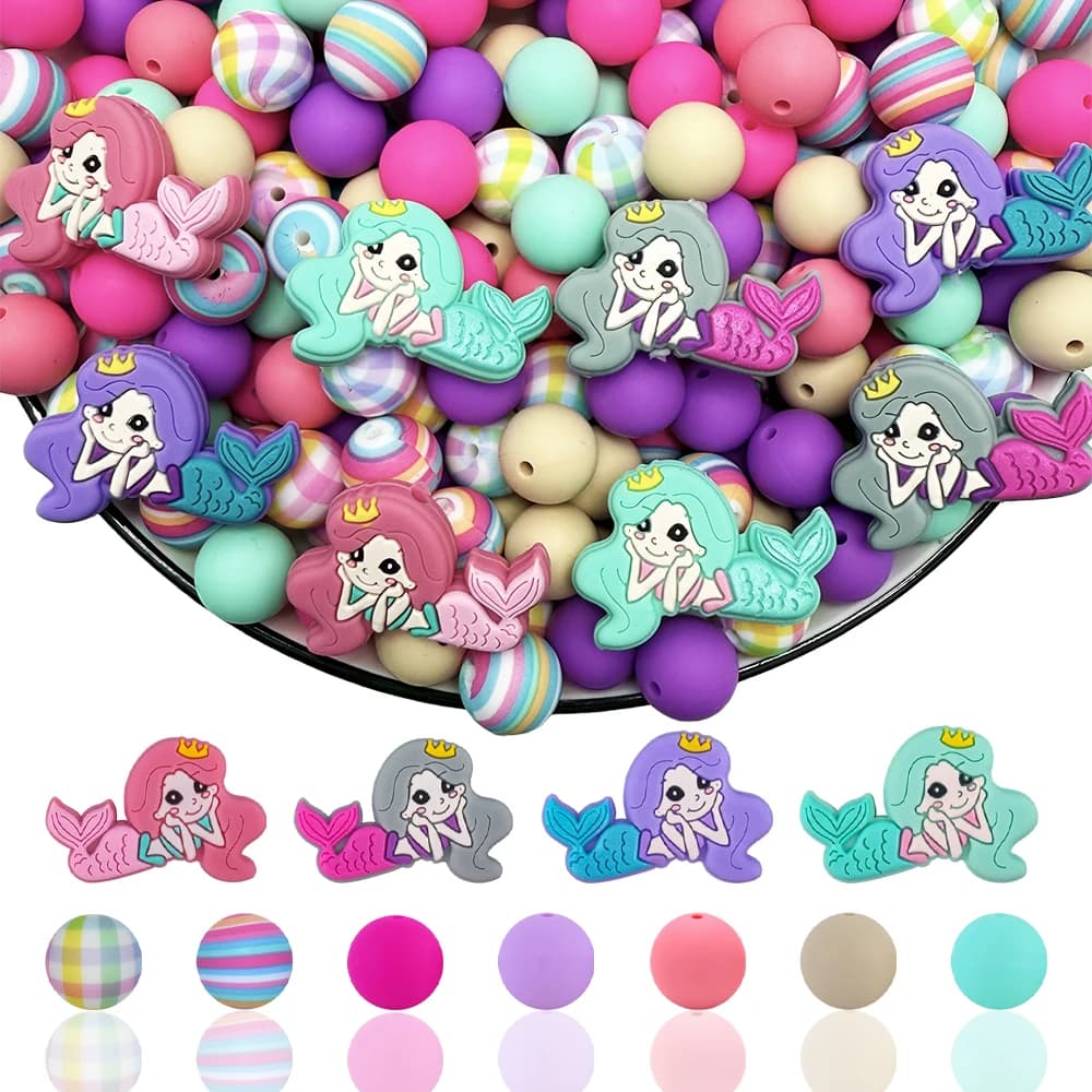 Set di perline in silicone serie sirena da 25/64 pezzi, perfetto per lavori artigianali fai-da-te come portachiavi, collane, braccialetti, ecc.