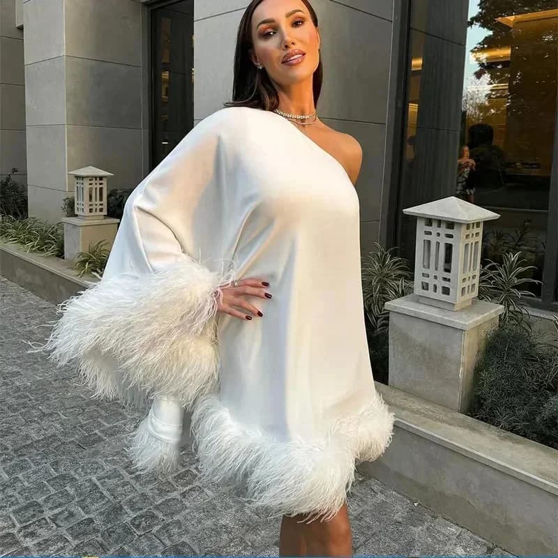 One Shoulder Feather Spliced Mini Dresses Women 2024 Sexy Diagonal Collar Long Sleeve Loose Vestidos Elegant Fashion Party Robes