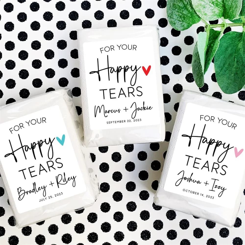 Confezioni di fazzoletti per matrimoni - Bomboniere per tessuti per matrimoni sfusi + Etichette personalizzate, Etichette per bomboniere moderne, Tessuti per matrimoni Happy Tears