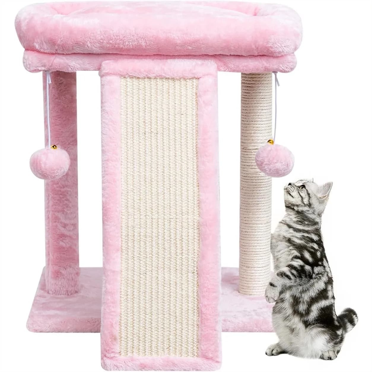 Compact Cat Tree with Scratching Board for Indoor Cats, Cat Scratcher Post with 2 Dangling Balls