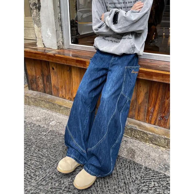 American Letter Embroidery Men's Jeans Trendy Brand Functional Retro Big Pocket Workwear Pants Draping Wide Leg Floor-Length