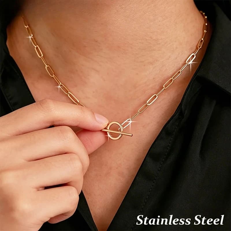 Thick Paperclip OT Clasp Necklace 316L Stainless Steel Gold Minimalist Unisex Chunky Chain Collarbone Jewelry
